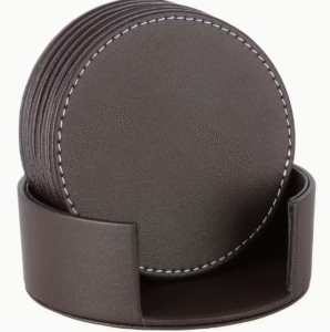 Dirbtinės odos, rudi padėkliukai 6 vnt. su stoveliu