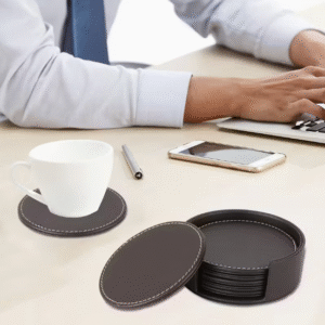 Dirbtinės odos, rudi padėkliukai 6 vnt. su stoveliu