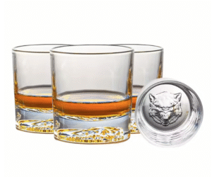 Viskio taurės, 4 vilkai, 300 ml su dovanų dėžute