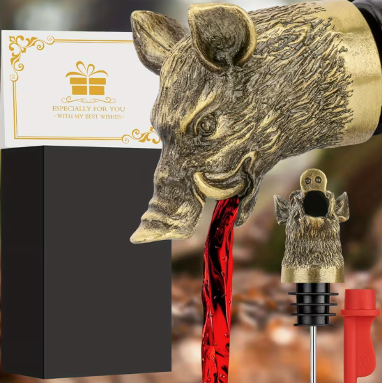 Butelio piltuvėlis–kamštis „Bronzinis šernas“, su dovanų dėžute ir atviruku