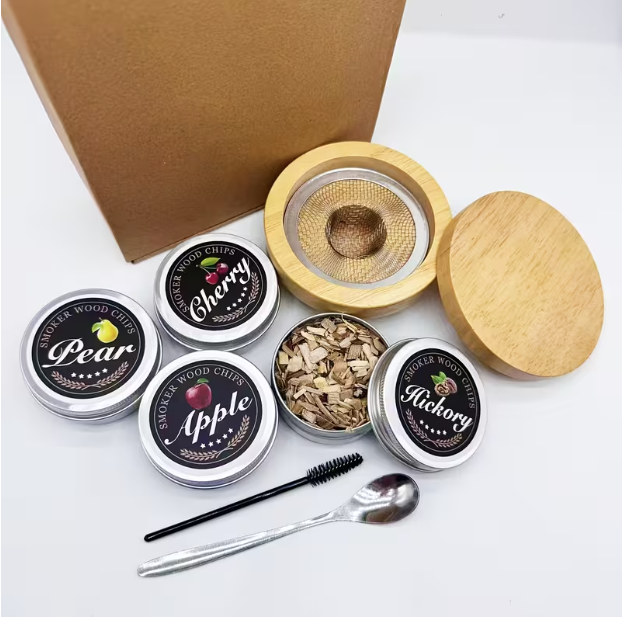 Viskio ir kitų gėrimų rūkymo rinkinys su apvalia, šviesia, rūkykla ir 4, didelės talpos, aromatais