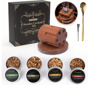 Viskio ir kitų gėrimų rūkymo rinkinys su revolverio dėtuvės formos rūkykla ir 4 aromatais