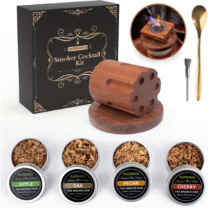 Viskio ir kitų gėrimų rūkymo rinkinys su revolverio dėtuvės formos rūkykla ir 4 aromatais